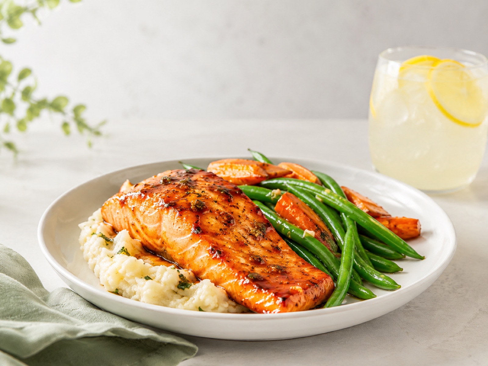 Baked salmon with mashed potatoes, green beans and fresh lemonade — a full GoForward plate