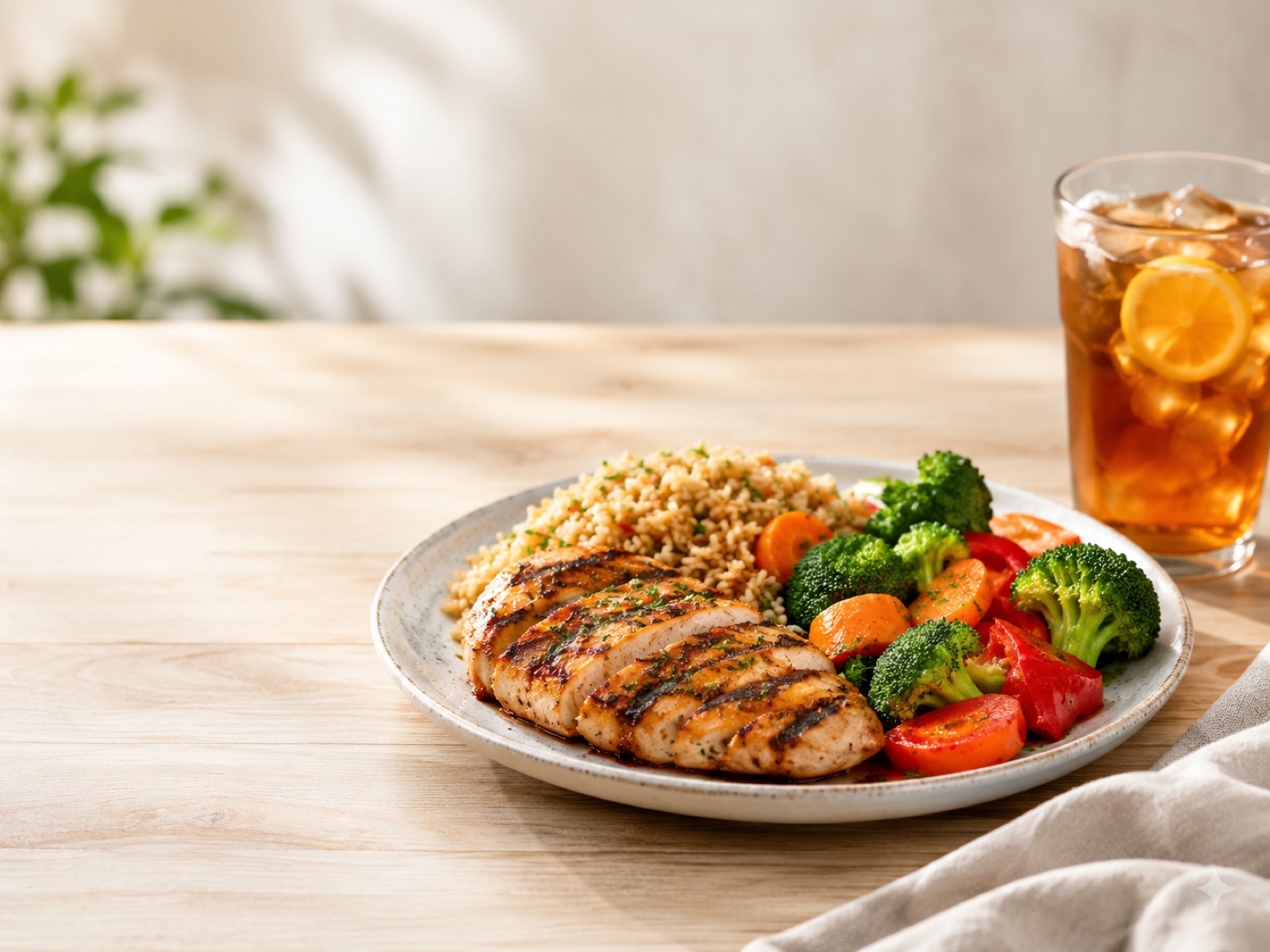 Grilled chicken, rice, fresh vegetables and iced tea — a GoForward meal