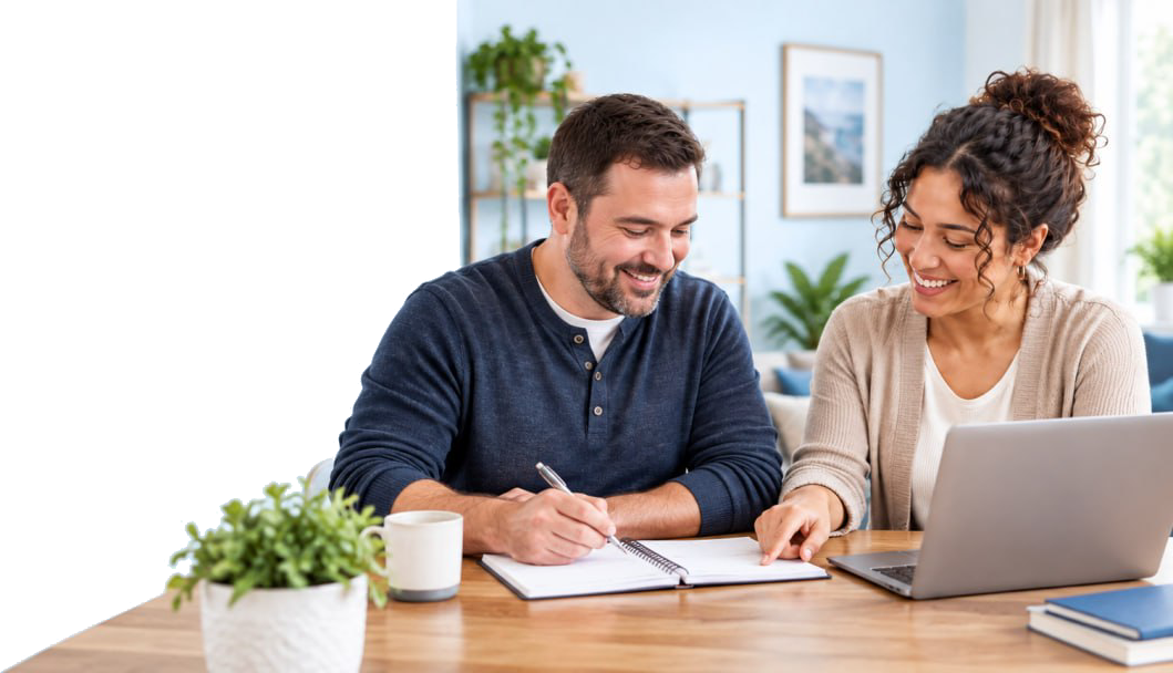 Two adults reviewing notes together beside a laptop