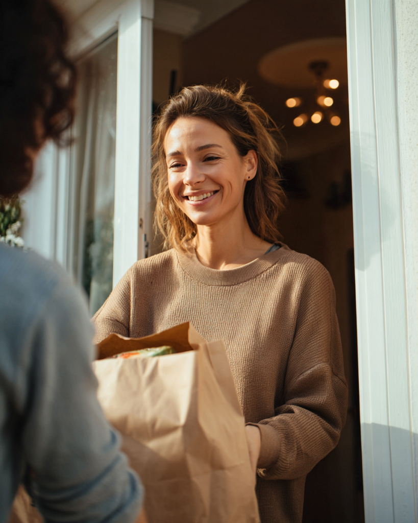 A woman receiving a nutritious meal delivery at home
