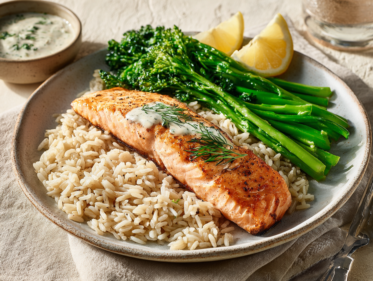 Baked salmon with brown rice and fresh greens