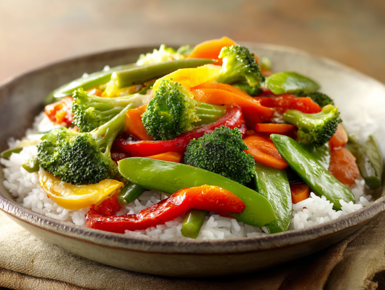 Colorful vegetables served over rice