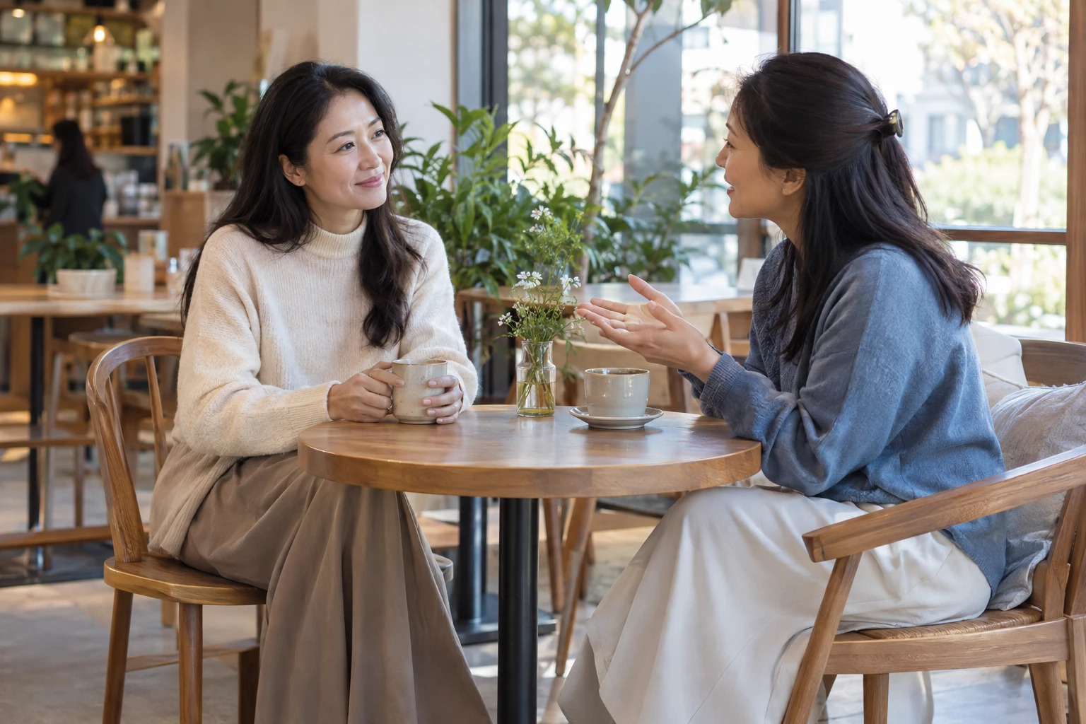 Two women sharing a relaxed conversation over coffee