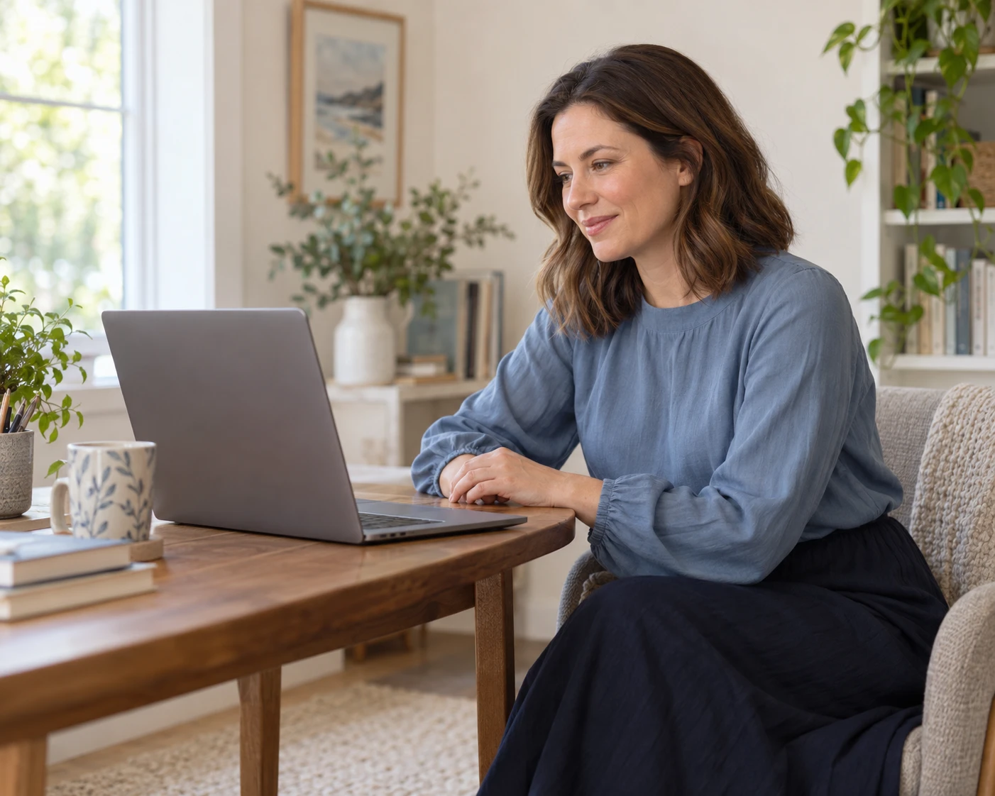 A woman smiles as she listens to her therapist during a telehealth session at home